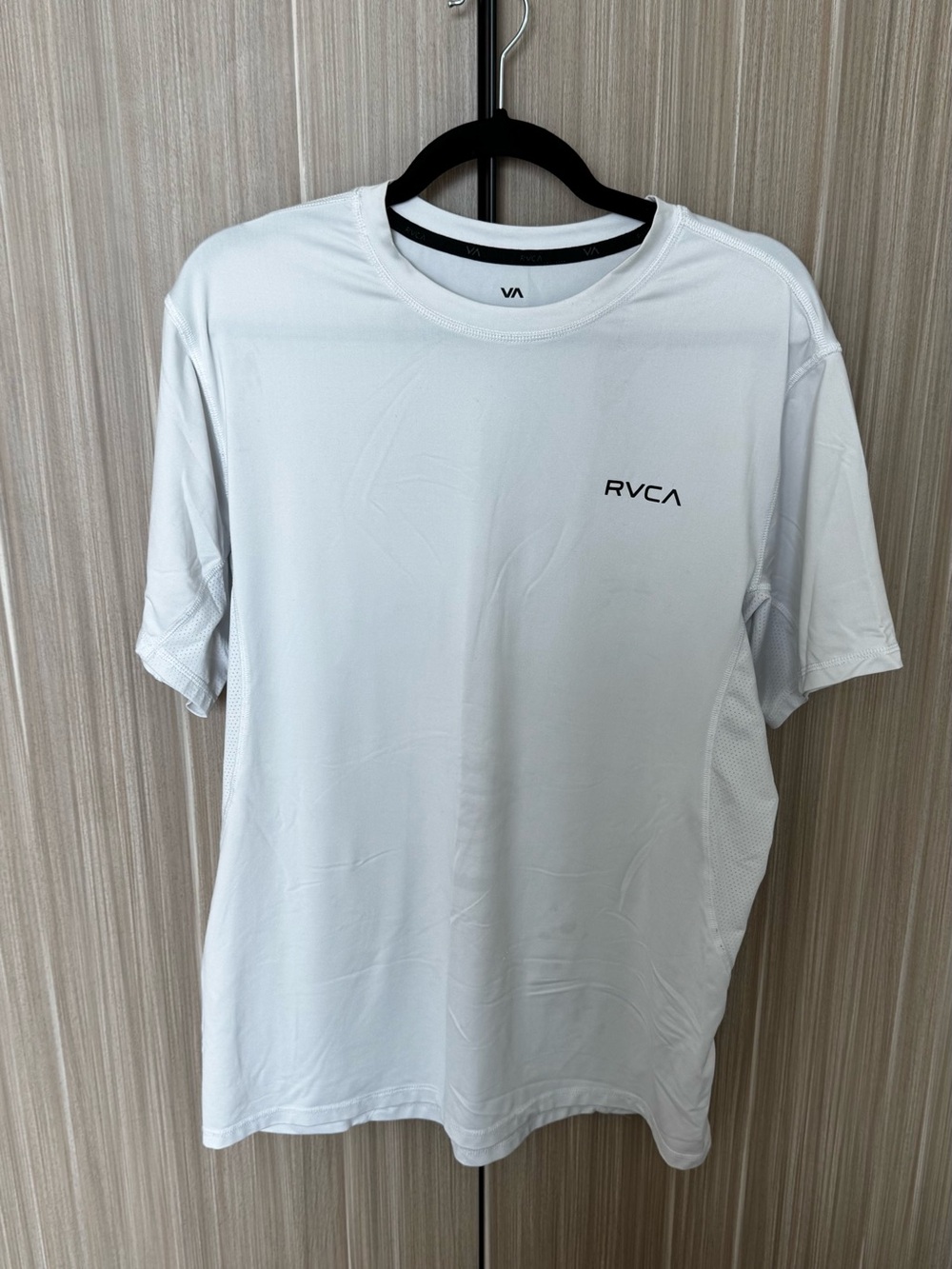 RVCA Men’s White Short Sleeve Performance Tee with Black Logo